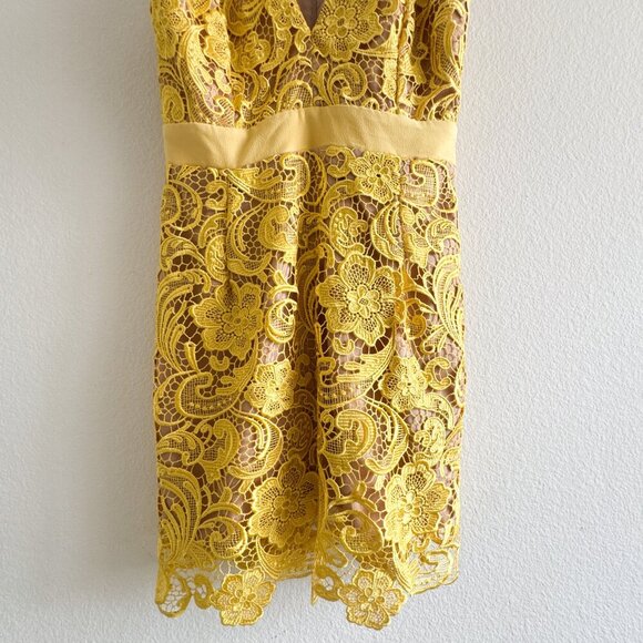 Dress the Population Ava Yellow Lace Mini Dress Large V-Neck Sleeveless Lined - Picture 5 of 15